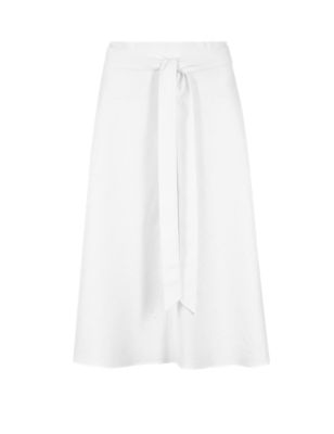 Linen Blend Knee Length A-Line Belted Skirt